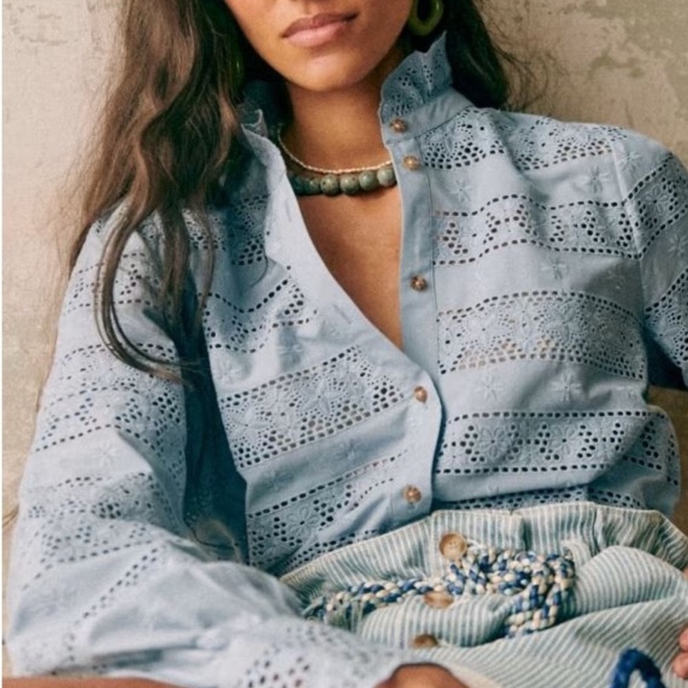 Sezane Light Blue Eyelet Button-Up Blouse
